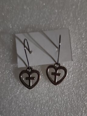 Hand Crafted Silver Heart Cross Drop Earrings